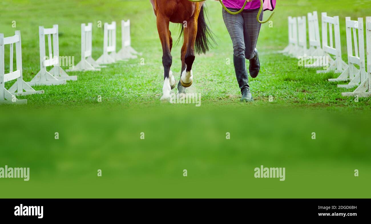 uomini e cavalli corrono insieme a eventi sportivi equestri Foto Stock