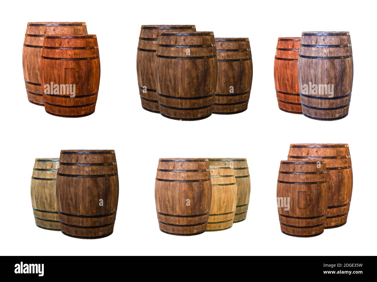 Due e tre barili di vino di quercia bevande di invecchiamento marrone scuro e beige chiaro, contrassegnati con uno shado Foto Stock