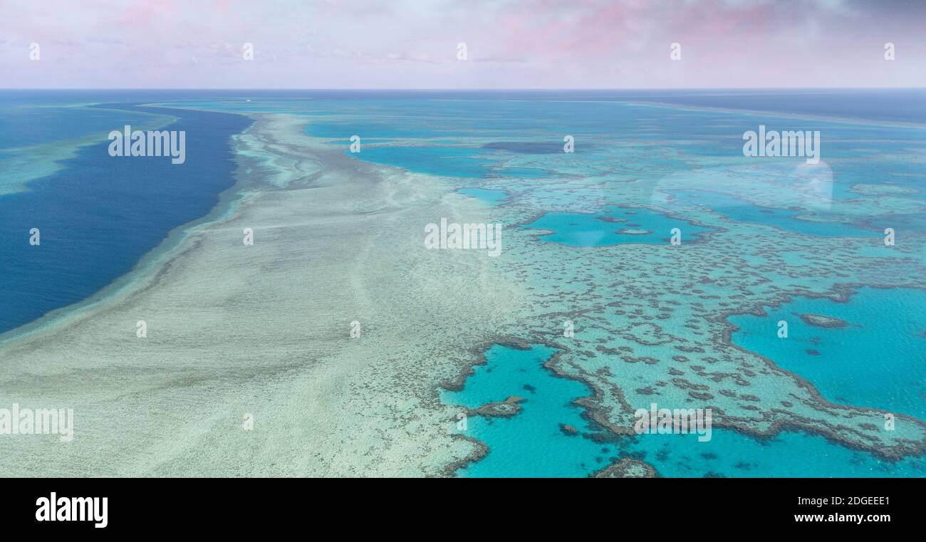 Incredibile vista aerea della barriera corallina di Queensland al tramonto, Australia Foto Stock