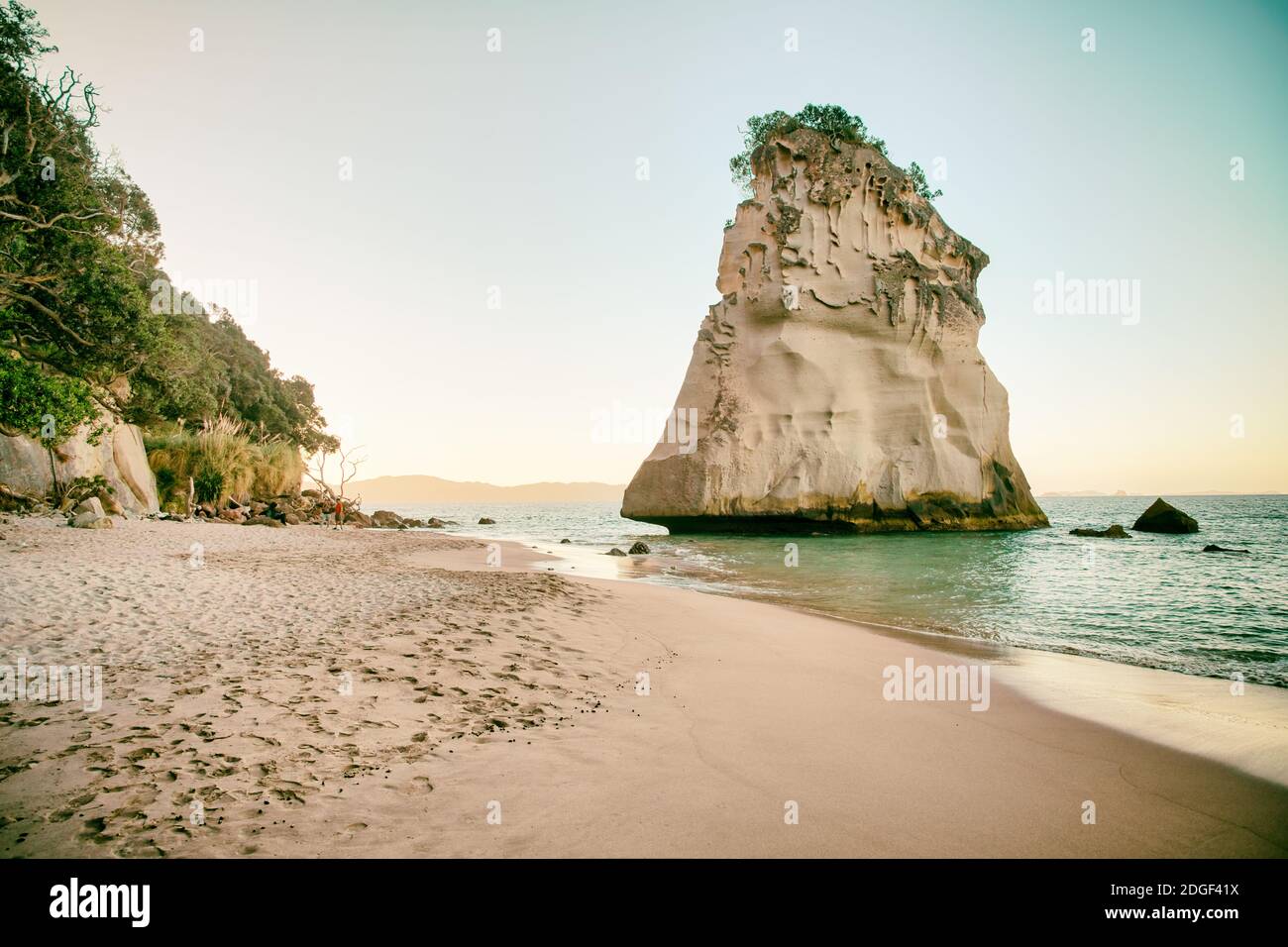 Incredibile te Hoho Rock al tramonto, Cathedral Cove Marine Reserve, Coromandel Peninsula, Nuova Zelanda Foto Stock