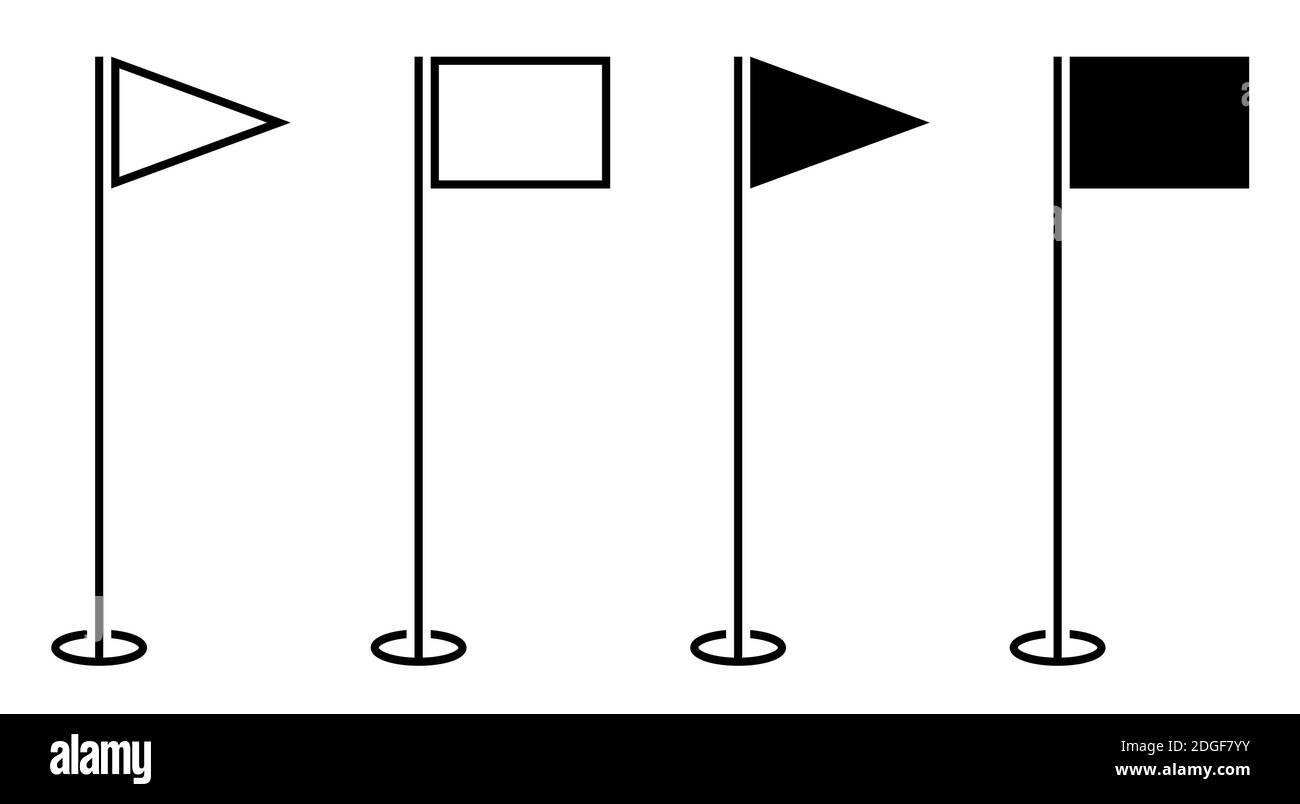 set di icone, triangolare e finishing golf flag sul palo. Campo da golf contrassegnato con bandiera. Stile di vita attivo. Vettore isolato su sfondo bianco Illustrazione Vettoriale