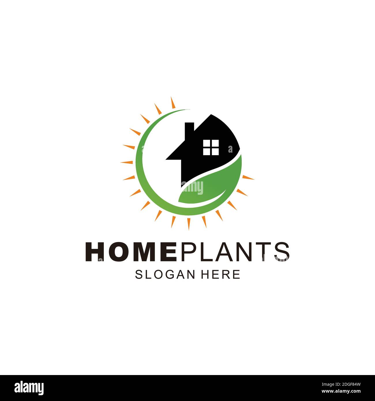 Semplice foglie verdi e logo Home modello con luce solare Illustrazione Vettoriale