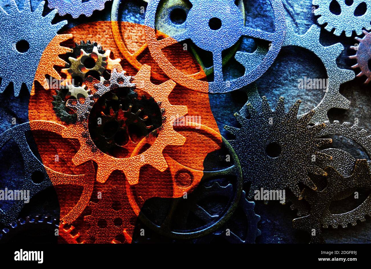 Forma della testa con ingranaggi in metallo assortiti Foto Stock
