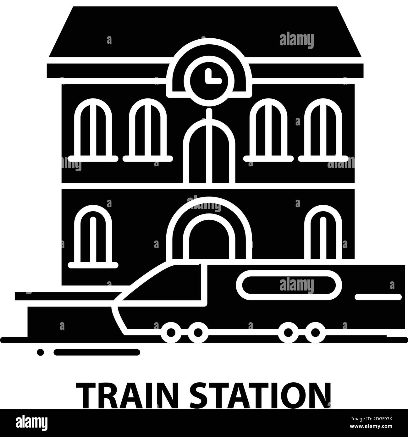 icona della stazione ferroviaria, segno vettoriale nero con tratti modificabili, illustrazione concettuale Illustrazione Vettoriale