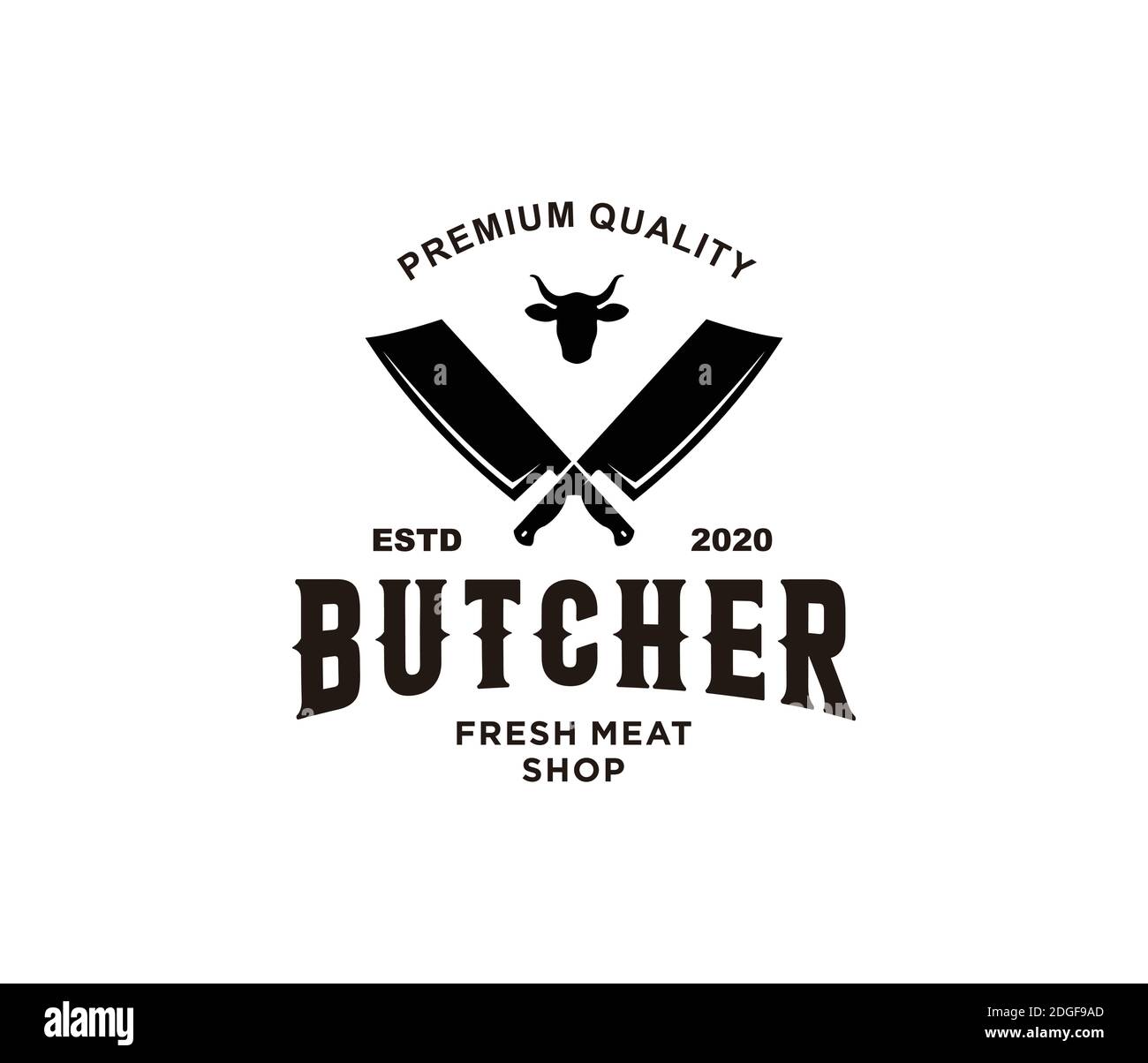 Logo della macelleria vintage con coltelli per carne e testa toro Illustrazione Vettoriale