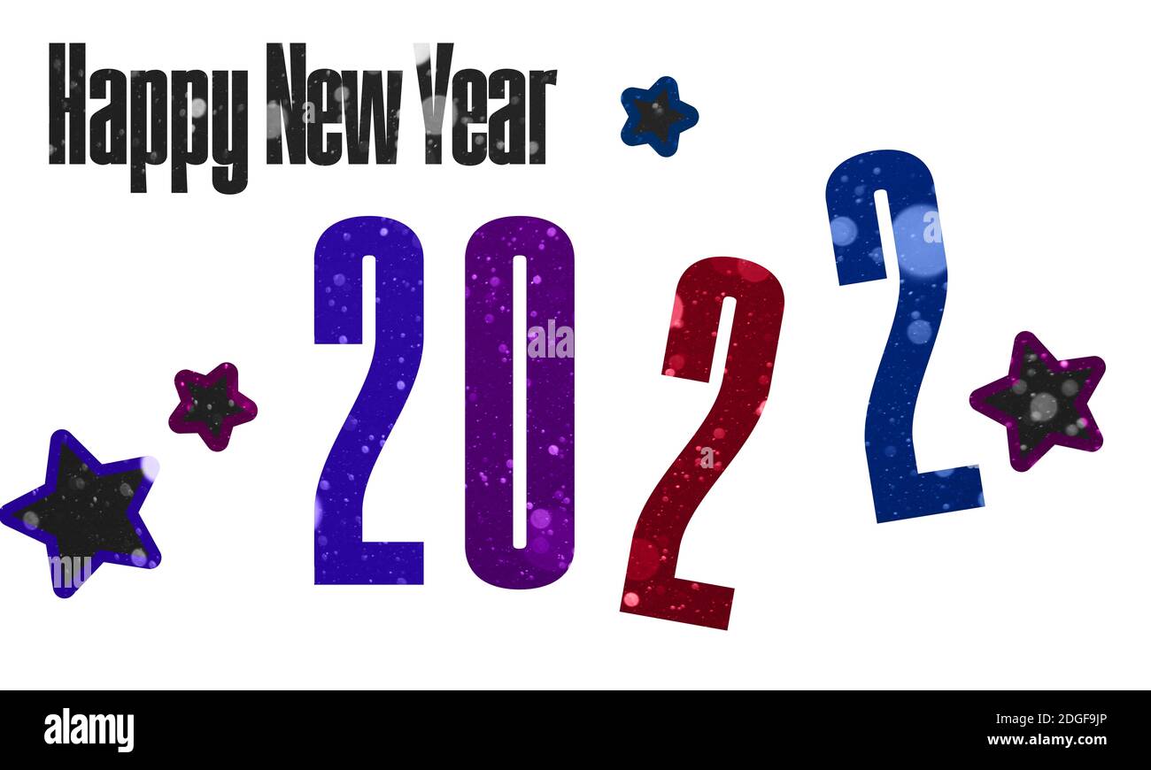 2022 un'illustrazione di buon anno felice elegante e di alta qualità con un bel testo colorato a trama luccicante. Poster di tipografia delle festività. Foto Stock