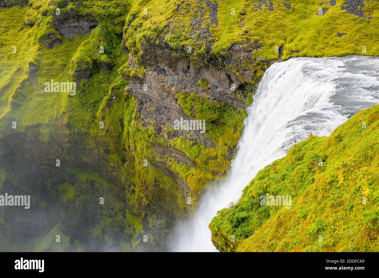 Paesaggio islandese. Cascate Skogafoss nella stagione estiva Foto Stock
