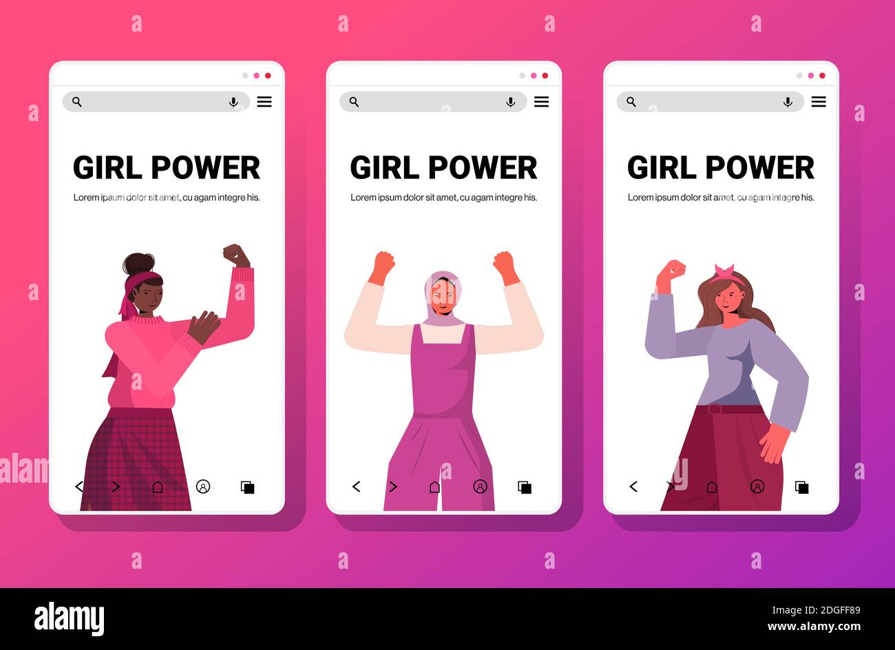 misto razza donne che reggono sollevato mani femminile emancipazione movimento copia della collezione di schermi per smartphone "girl power union of femminists concept" illustrazione vettoriale orizzontale dello spazio Illustrazione Vettoriale
