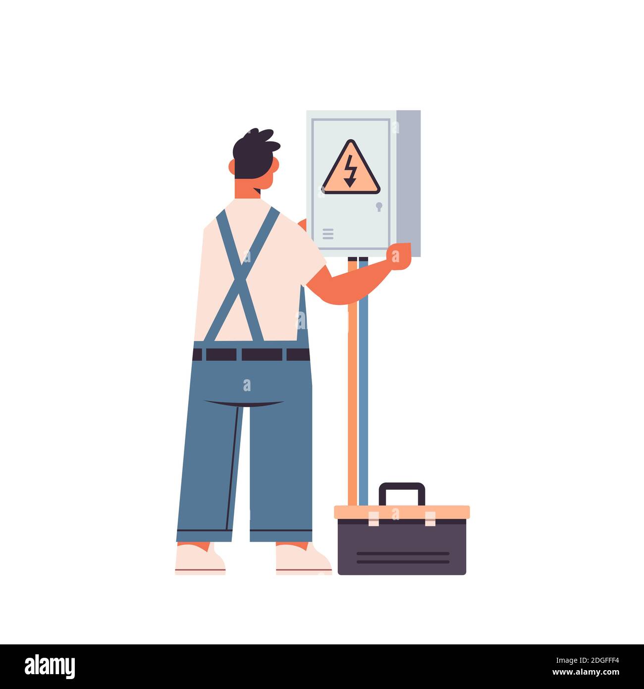 elettricista professionista o riparatore elettrico in scatola elettrica di riparazione uniforme illustrazione vettoriale isolata a lunghezza intera del concetto elettrico del servizio di riparazione Illustrazione Vettoriale