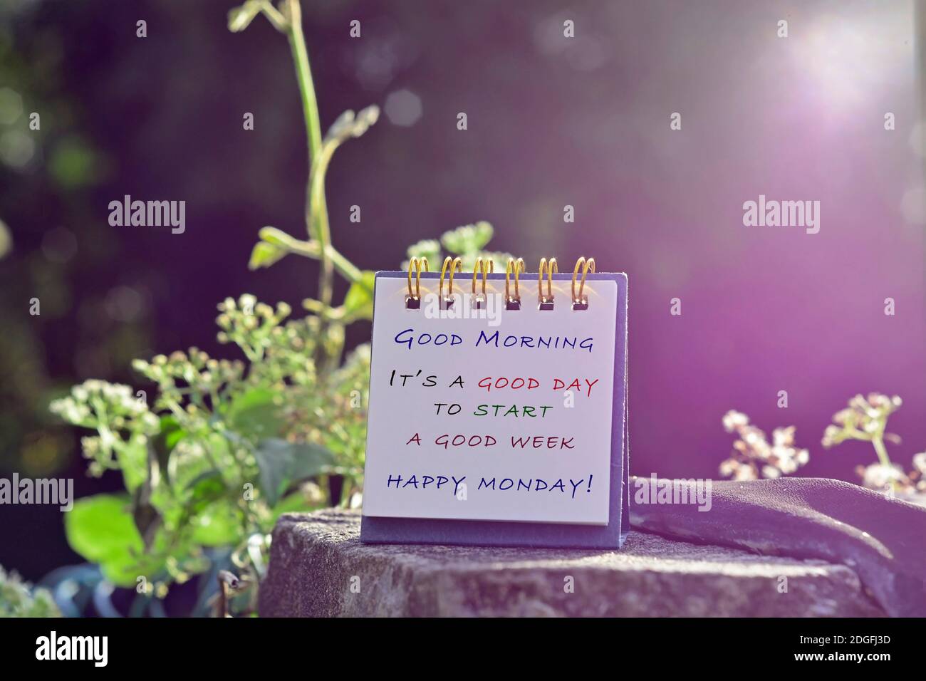 Citazione motivazionale e ispiratrice con frase - Buongiorno, è un buon giorno per iniziare una buona settimana. Sfondo colorato e sfocato Foto Stock