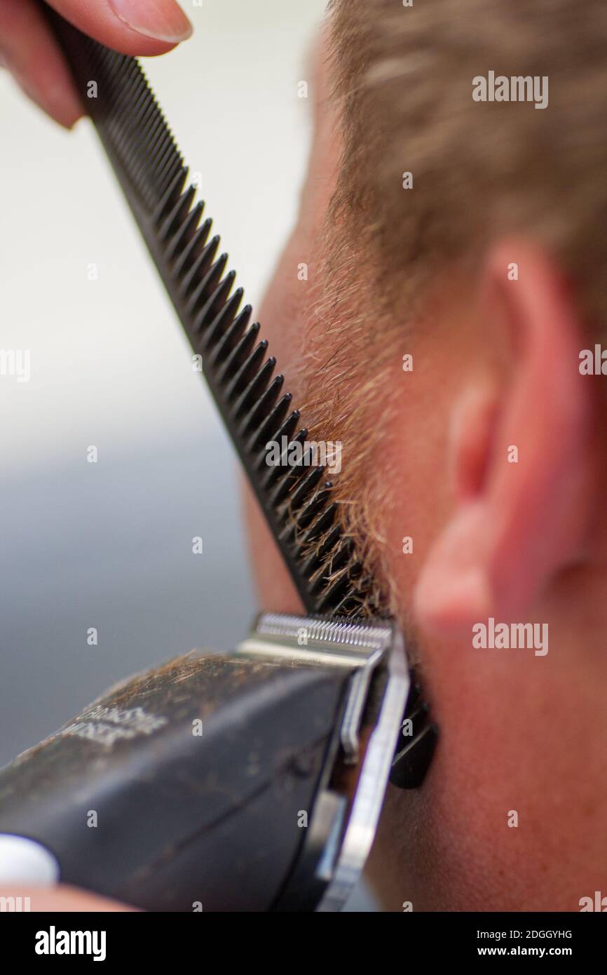 Parrucchiere barba da uomo con rifinitore per capelli o regolacapelli, vista da dietro il cliente. Foto Stock