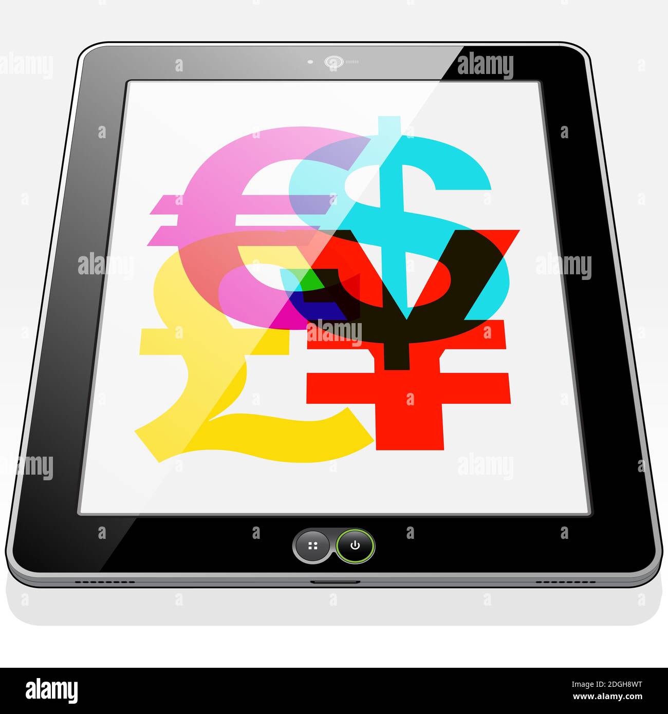 Un gruppo di simboli di valuta internazionale "Euro, Dollar, British Pound e Yen" presentati sullo schermo di un Tablet PC. Illustrazione Vettoriale