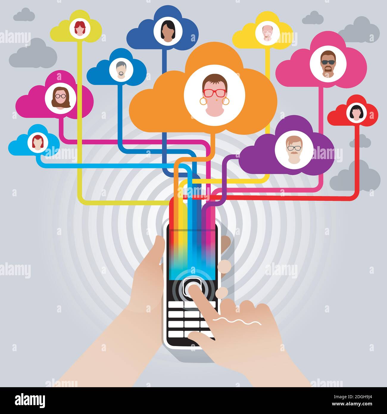 Un telefono cellulare che si connette agli amici tramite un social network online. Illustrazione Vettoriale