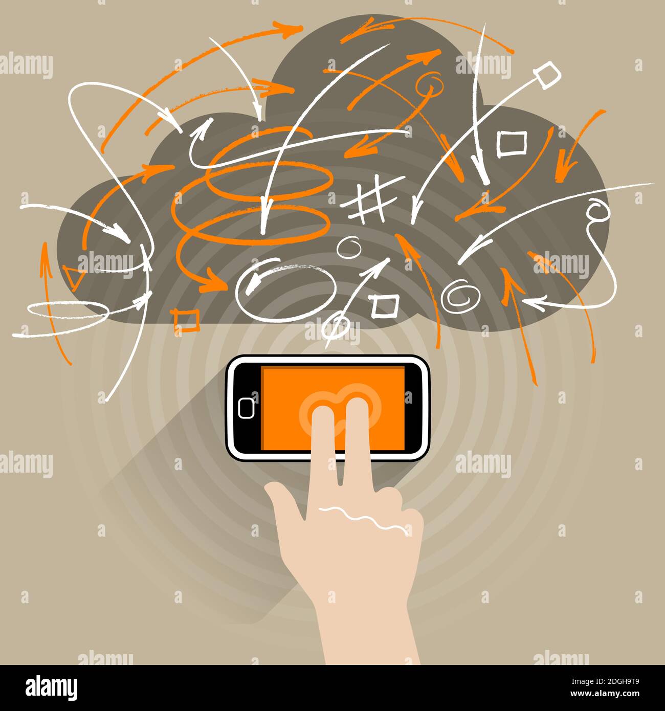 Uno smartphone connesso a Internet (Web). Le varie frecce e il cloud rappresentano le connessioni di rete tra loro. Illustrazione Vettoriale