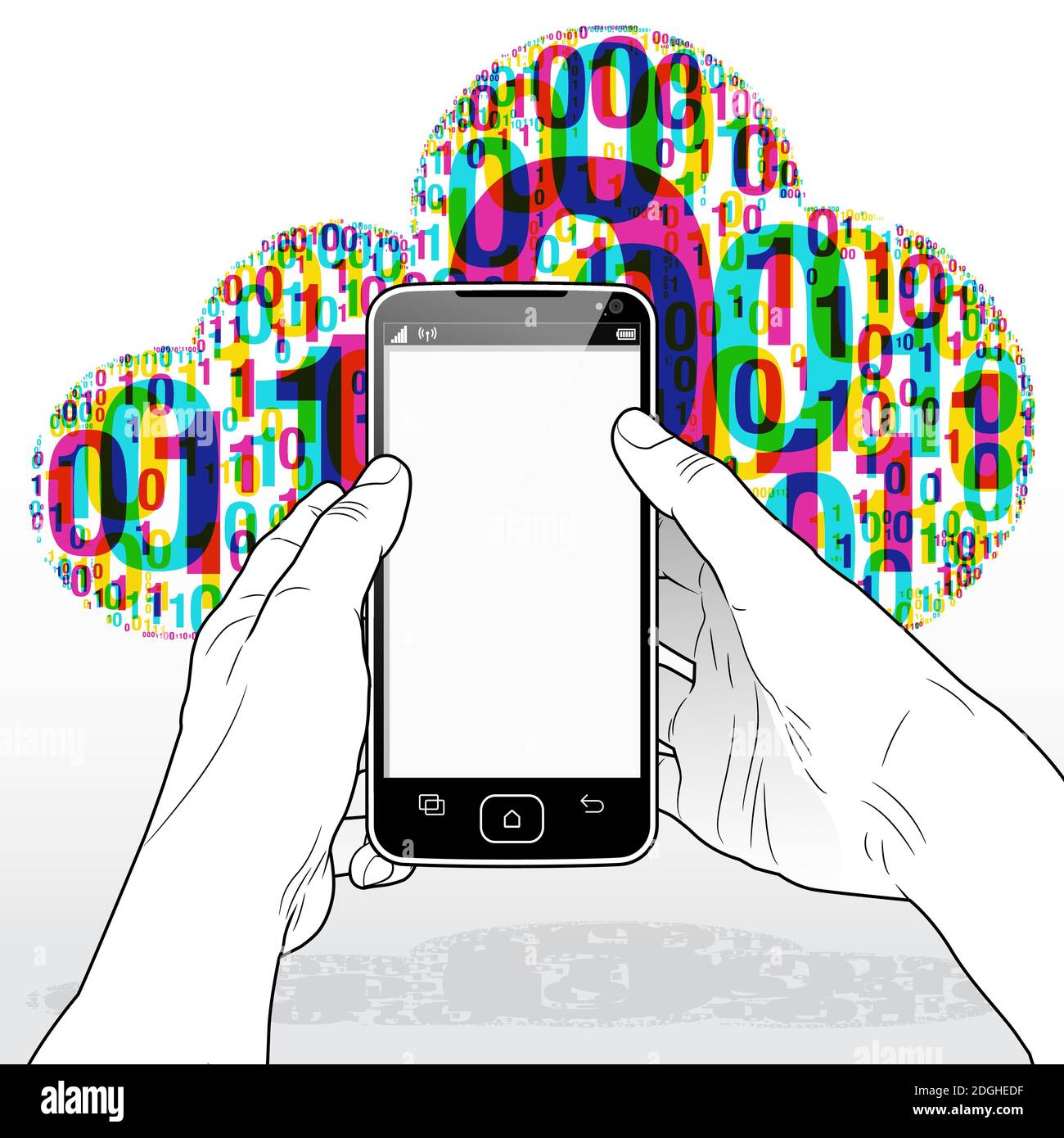 Uno Smart Phone che trasmette dati binari da e verso la nuvola di informazioni WWW. Illustrazione Vettoriale