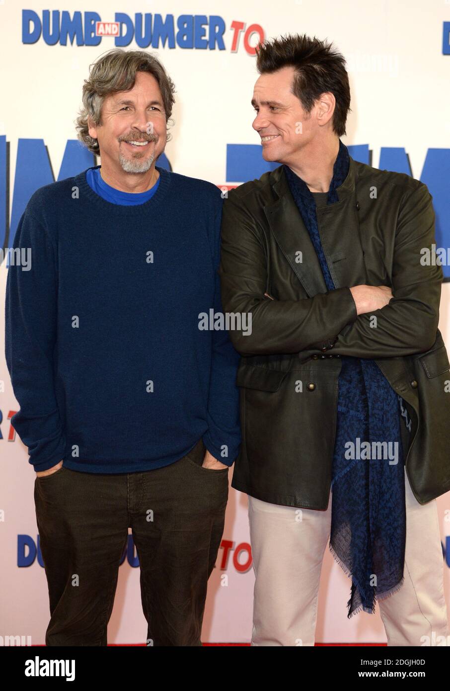 Jim Carrey e Peter Farrelly frequentano il Dumber and Dumber to Photocall, The Connaught Hotel, Londra. Foto Stock