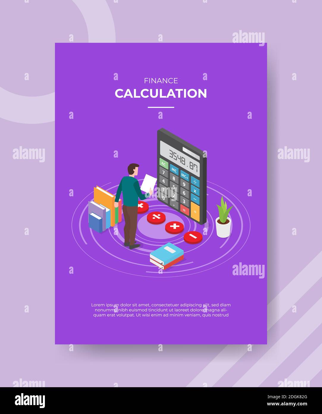 calcolo finanziario uomini in piedi tenere carta anteriore grande pila di calcolatrici libreria impianto per modello volantino e stampa copertina banner isometrica stile piatto 3d ve Foto Stock