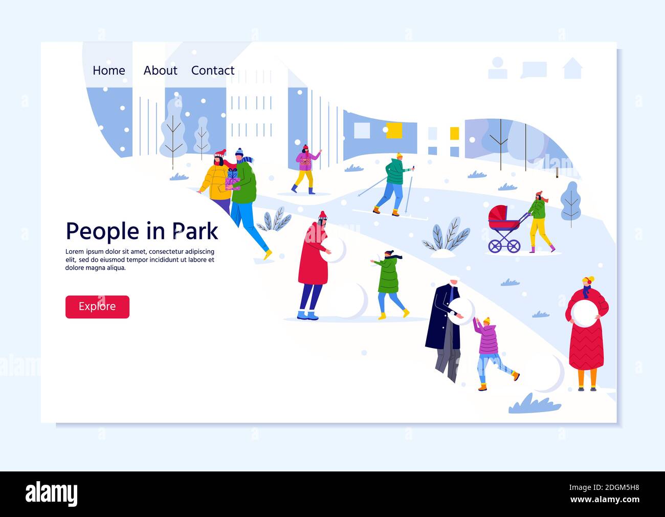 Modello della pagina di atterraggio con le persone a piedi nel parco invernale della città, i genitori camminano con i bambini e si divertono all'aperto. Vettore per web design, volantino, poster, ban Illustrazione Vettoriale