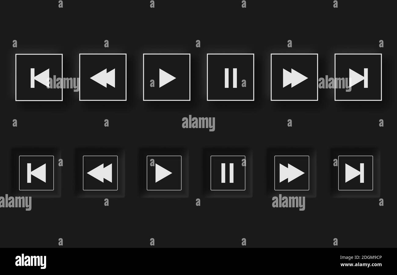 pulsanti di riproduzione, lettore nero in stile neomorfico. EPS 10 Illustrazione Vettoriale
