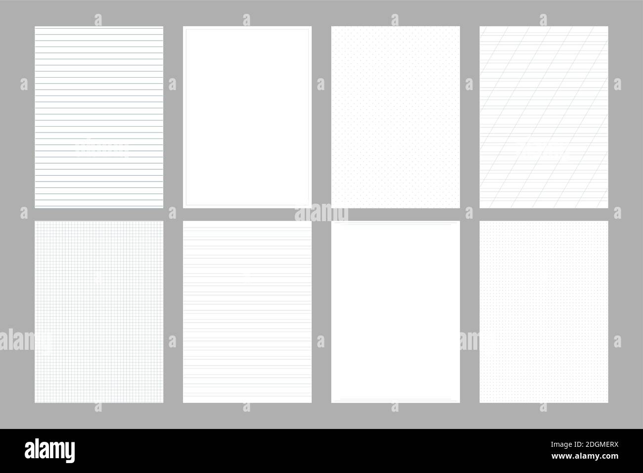 Set di fogli A4 con un modello diverso a scacchi, linee strette e larghe, punti, vuoti con una cornice. La dimensione reale effettiva dei fogli è 210 x 297 Illustrazione Vettoriale