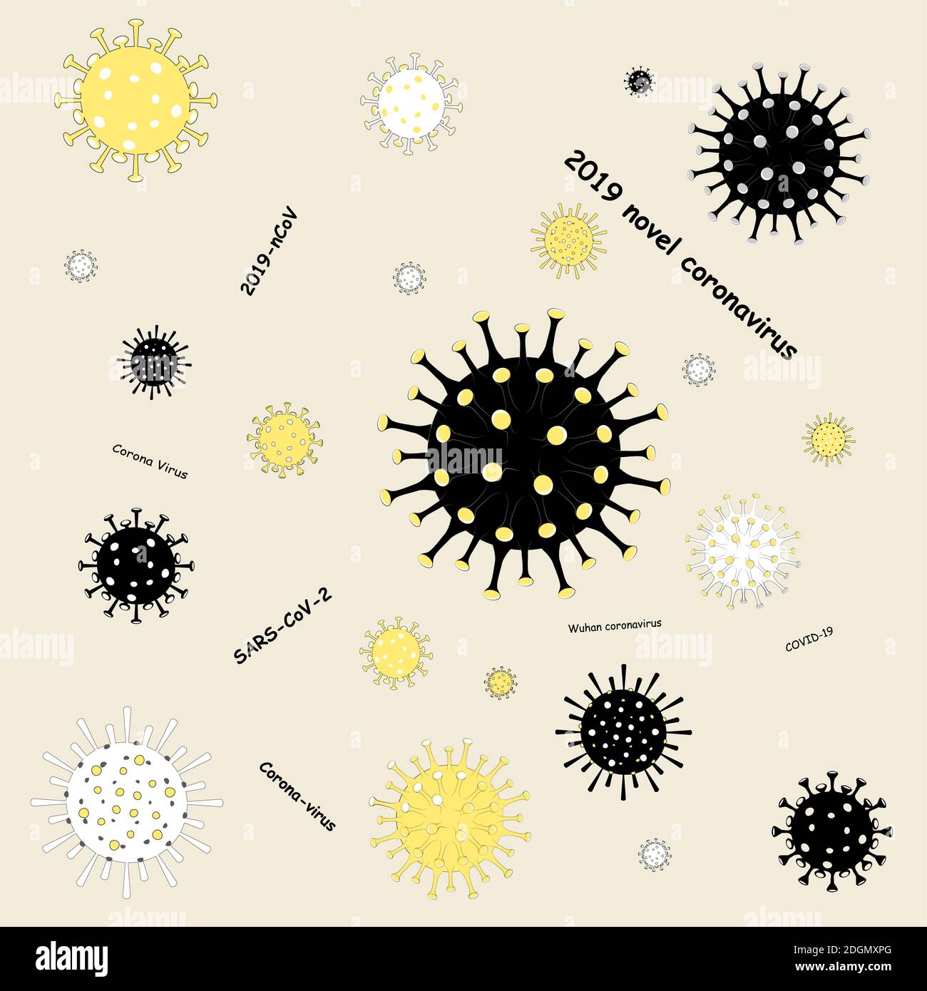 Coronavirus 2019-nCoV. COVID-19. Nuovo focolaio di polmonite da coronavirus. Diversi tipi di virus. Modello senza giunture sull'infezione virale. Vettore piatto Illustrazione Vettoriale