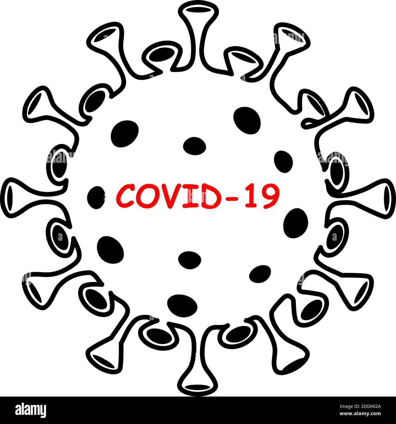 Icona Coronavirus COVID-19. Segno nero di virus su sfondo bianco. Isolato. Cina patogeno infezione respiratoria (epidemia di influenza asiatica). Influenza Illustrazione Vettoriale