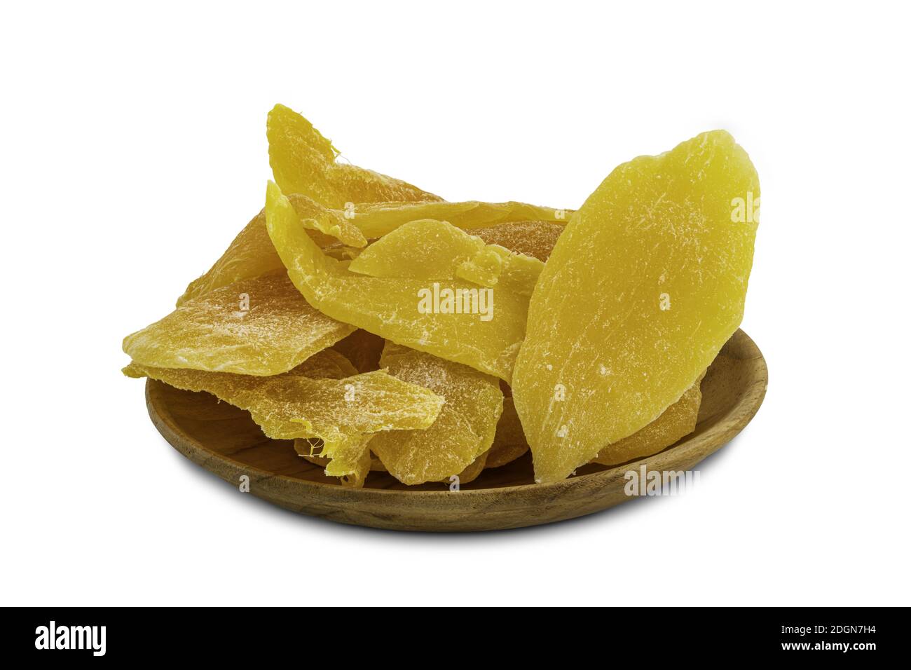 Pila di mango disidratato in una piastra di legno su bianco sfondo Foto Stock