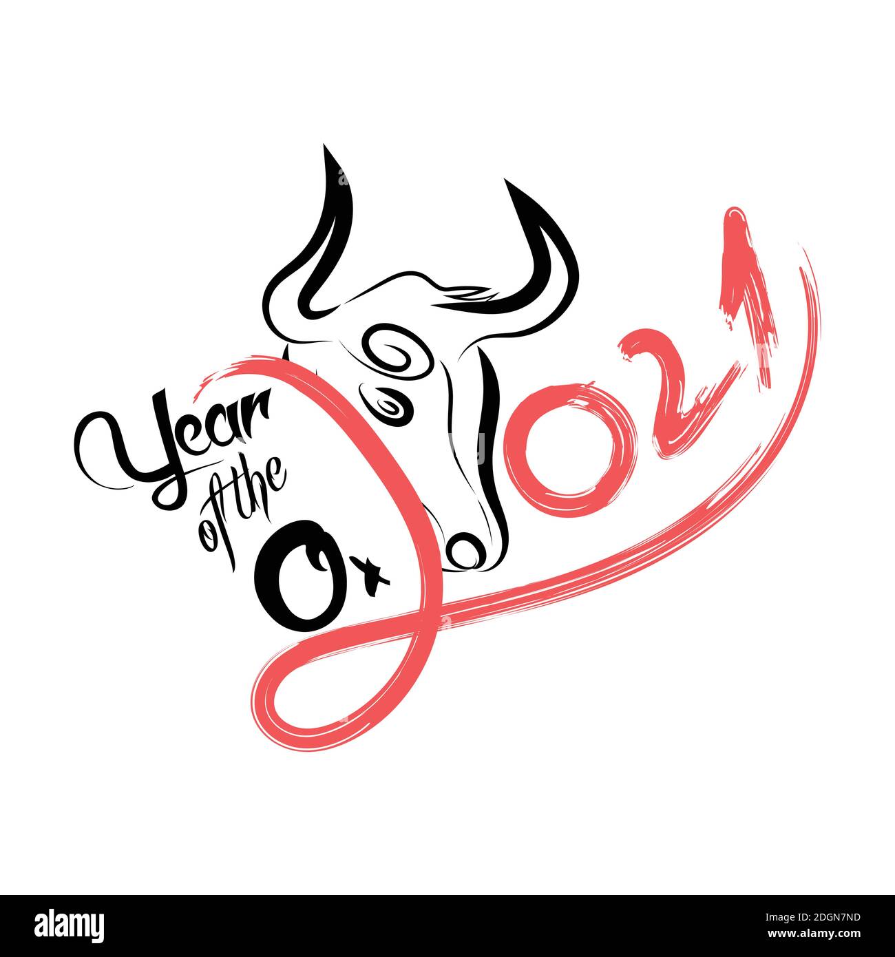 Calligrafia cinese per il 2021 Capodanno del bue, toro, mucca. Lunare nuovo anno 2021. Segno zodiacale per biglietti d'auguri, invito, manifesti, banner, calenda Illustrazione Vettoriale