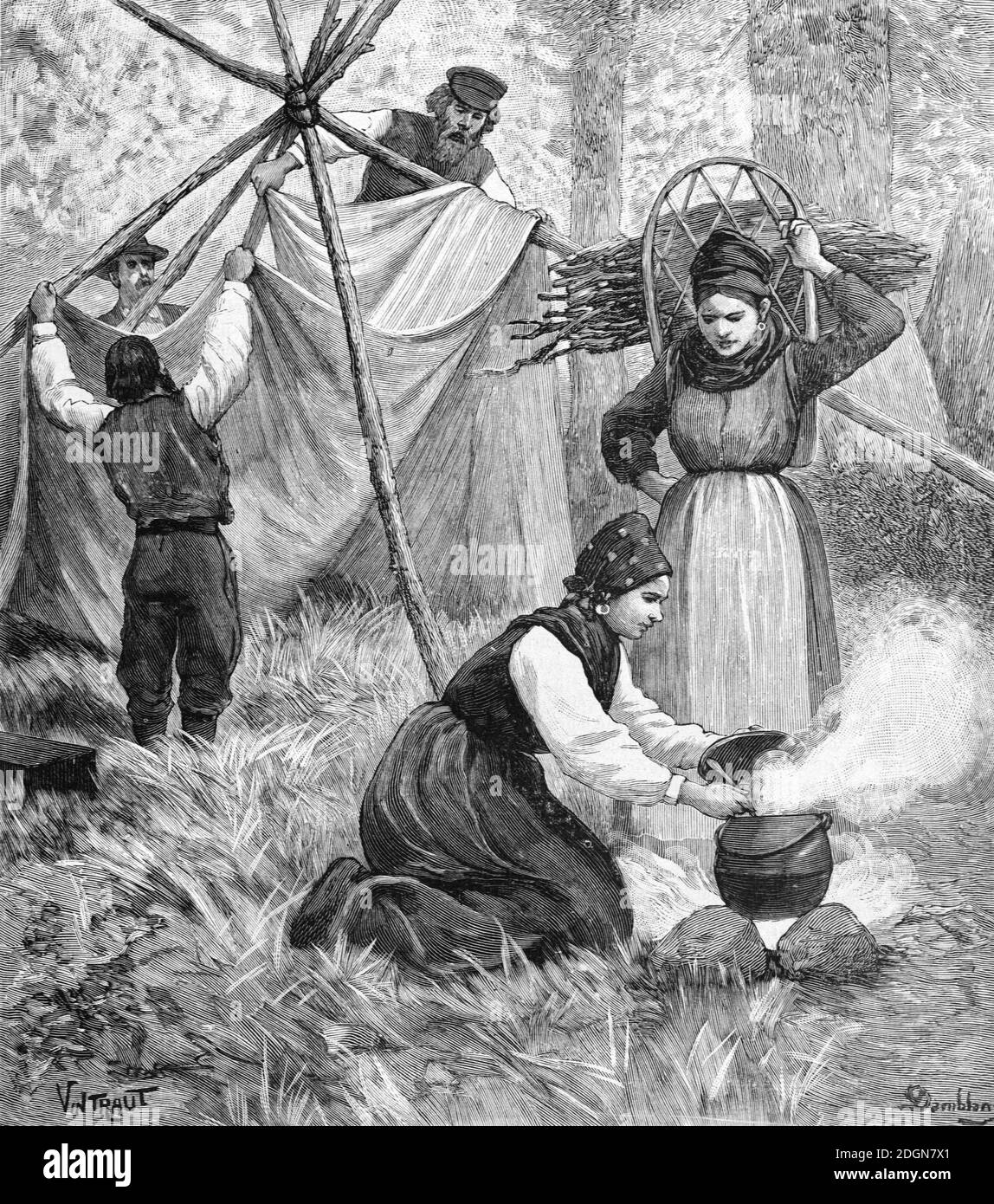 Sami semi-nomadi o Lapps si riuniscono intorno al campo di fuoco in campo O accampamento in Lapponia o Sapmi nell'Artico scandinavo Regione (englr 1895 Vintraut-Domblanc) incisione o illustrazione d'epoca Foto Stock