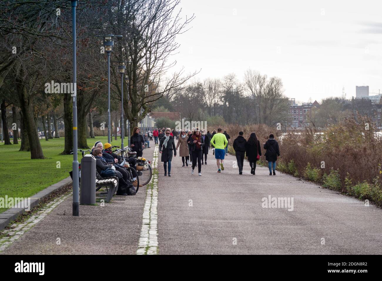 Rotterdam,Holland,11-nov-2020:persone che corrono, camminano e si siedono su una panchina durante il tempo di corona, la gente ha chiesto di rimanere a casa Foto Stock