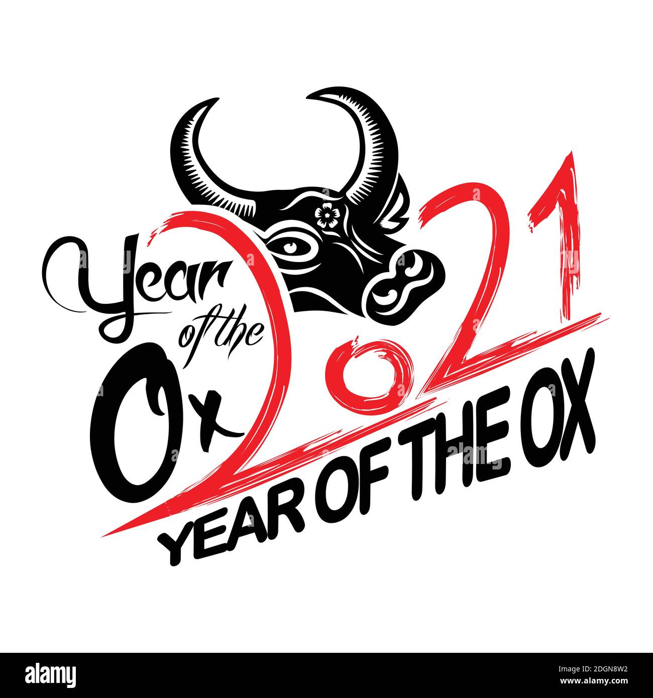 Calligrafia cinese per il 2021 Capodanno del bue, toro, mucca. Lunare nuovo anno 2021. Segno zodiacale per biglietti d'auguri, invito, manifesti, banner, calenda Illustrazione Vettoriale