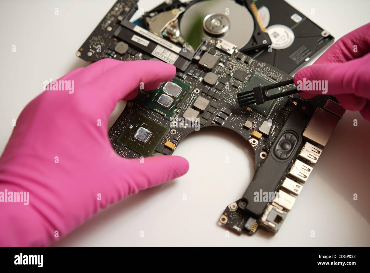 Master in guanti rosa pulisce la scheda madre del notebook e il centro di assistenza. Foto Stock