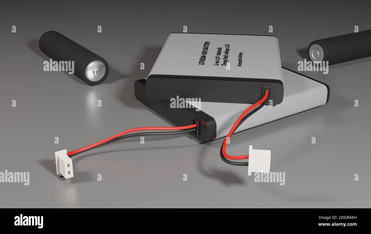 Batterie agli ioni di litio poggiate su una superficie piana. Illustrazione del rendering 3D. Foto Stock