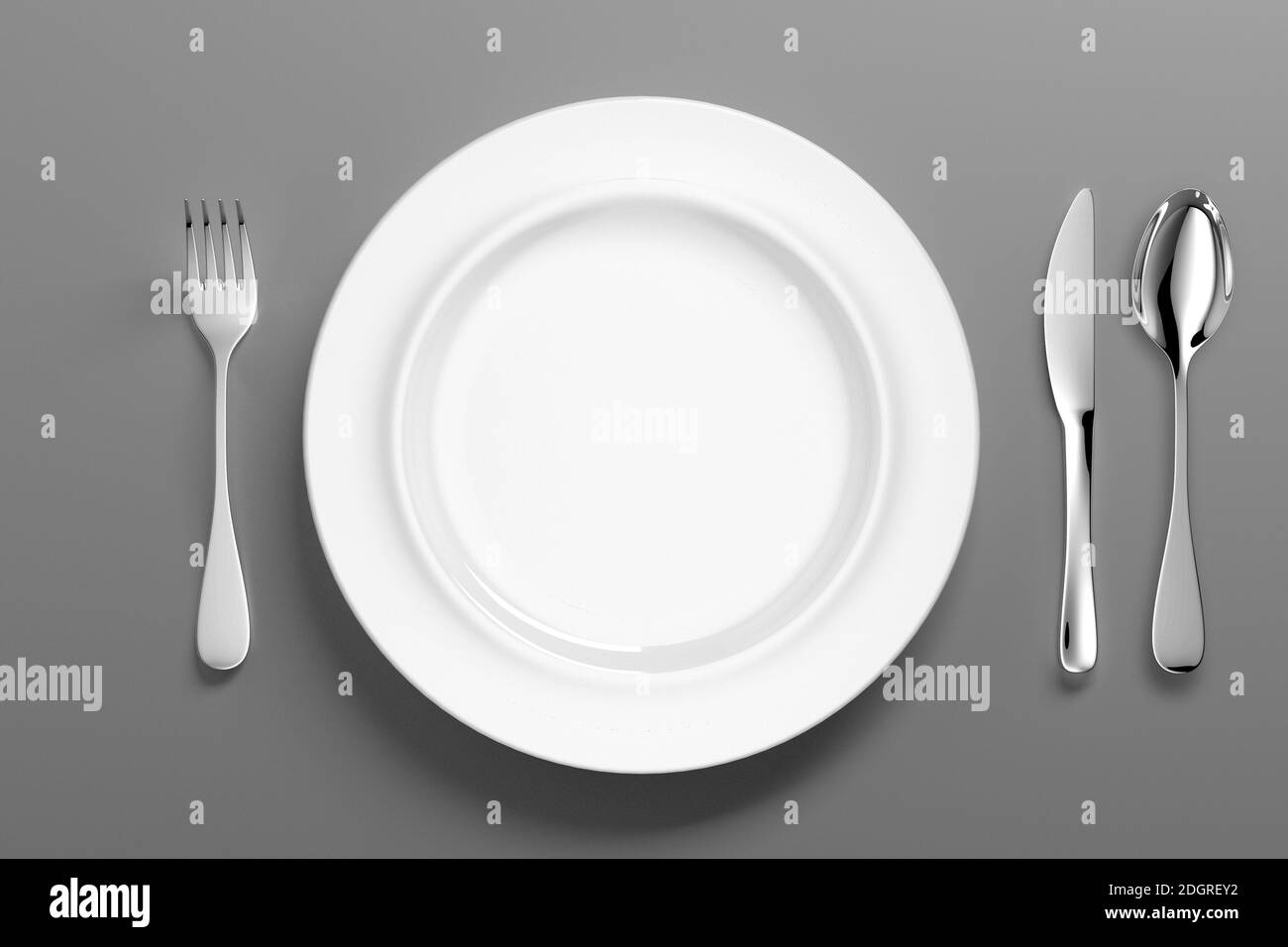 Stoviglie in porcellana bianca con posate in argento - Illustrazione Foto Stock