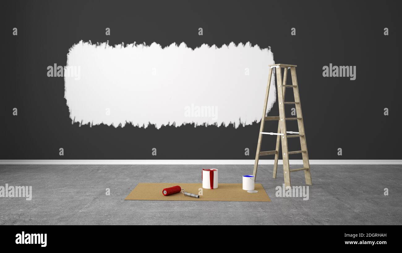 Soggiorno vuoto ristrutturato con scaletta - Illustrazione 3D Foto Stock