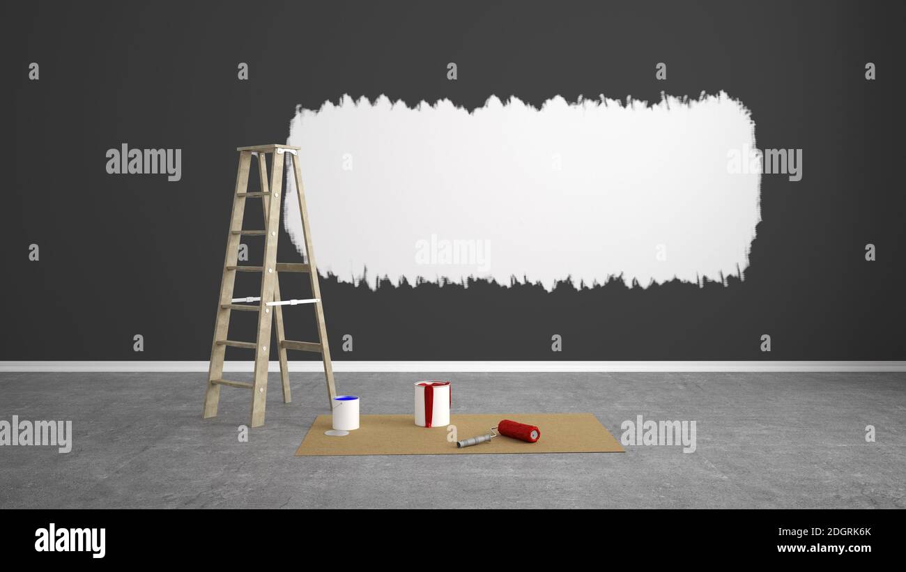 Soggiorno vuoto ristrutturato con scaletta - Illustrazione 3D Foto Stock