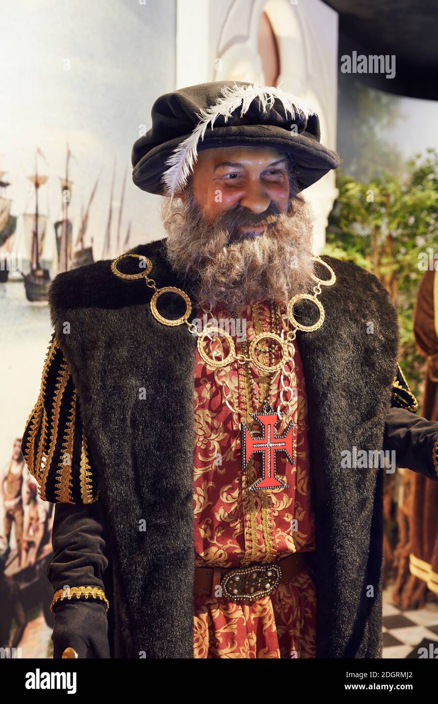 Figura storica di Vasco da Gama nel Museo delle cere delle scoperte portoghesi, Lagos, Algarve, Portogallo Foto Stock
