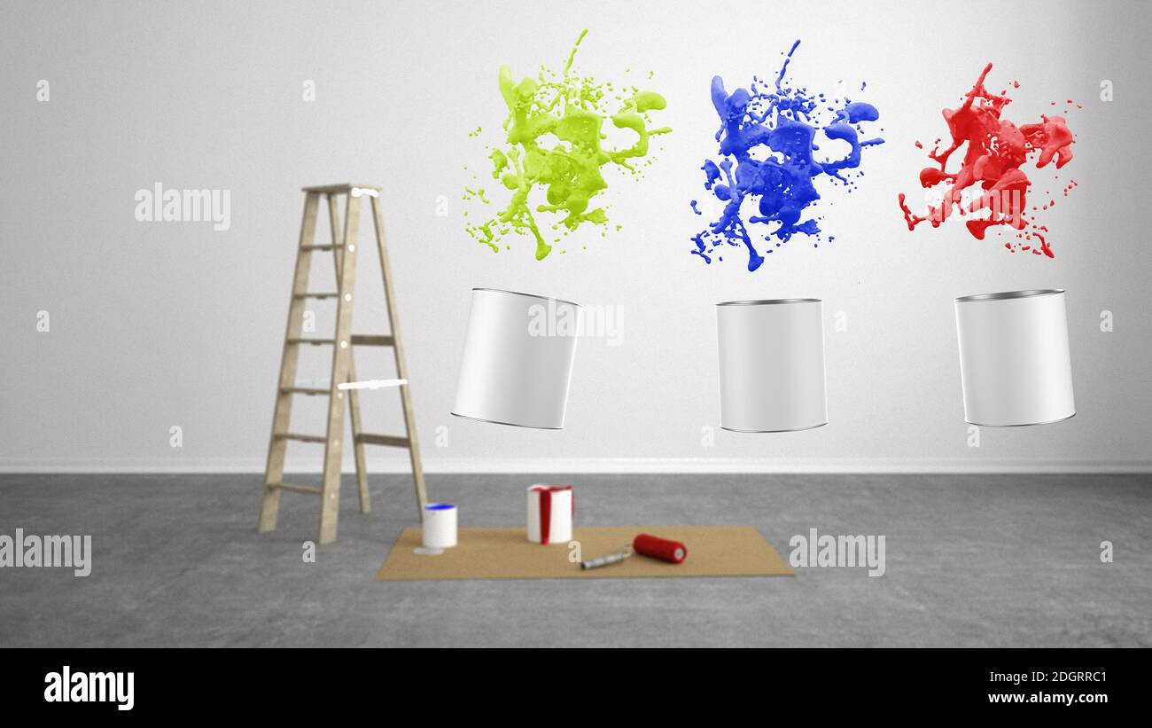 Soggiorno vuoto ristrutturato con scaletta - Illustrazione 3D Foto Stock