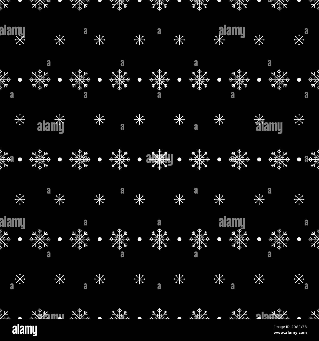 Modello senza cuciture con fiocco di neve. Neve su fondo nero. Carta da parati astratta, decorazione di avvolgimento. Buon Natale, felice festa di Capodanno Foto Stock