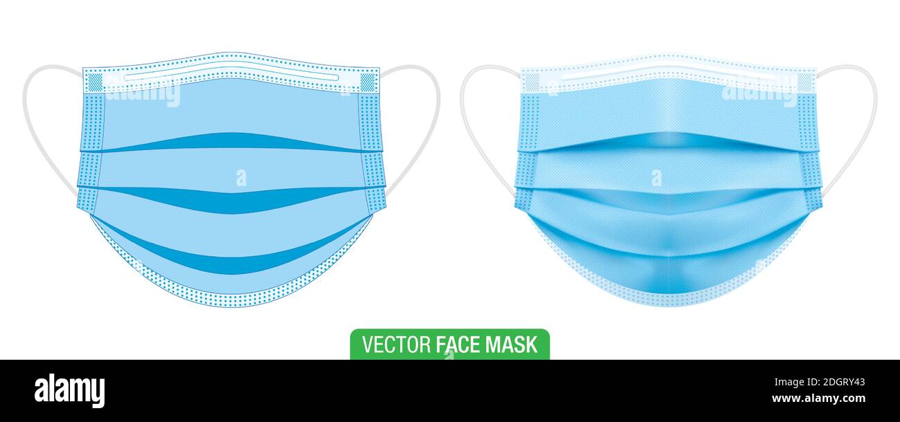 Maschera chirurgica per il viso, illustrazione vettoriale. Set di maschere protettive mediche blu, in forma piatta e grafica 3D, isolate su bianco. Maschera di protezione da coronavirus con supporto per l'orecchio, vista frontale. Illustrazione Vettoriale