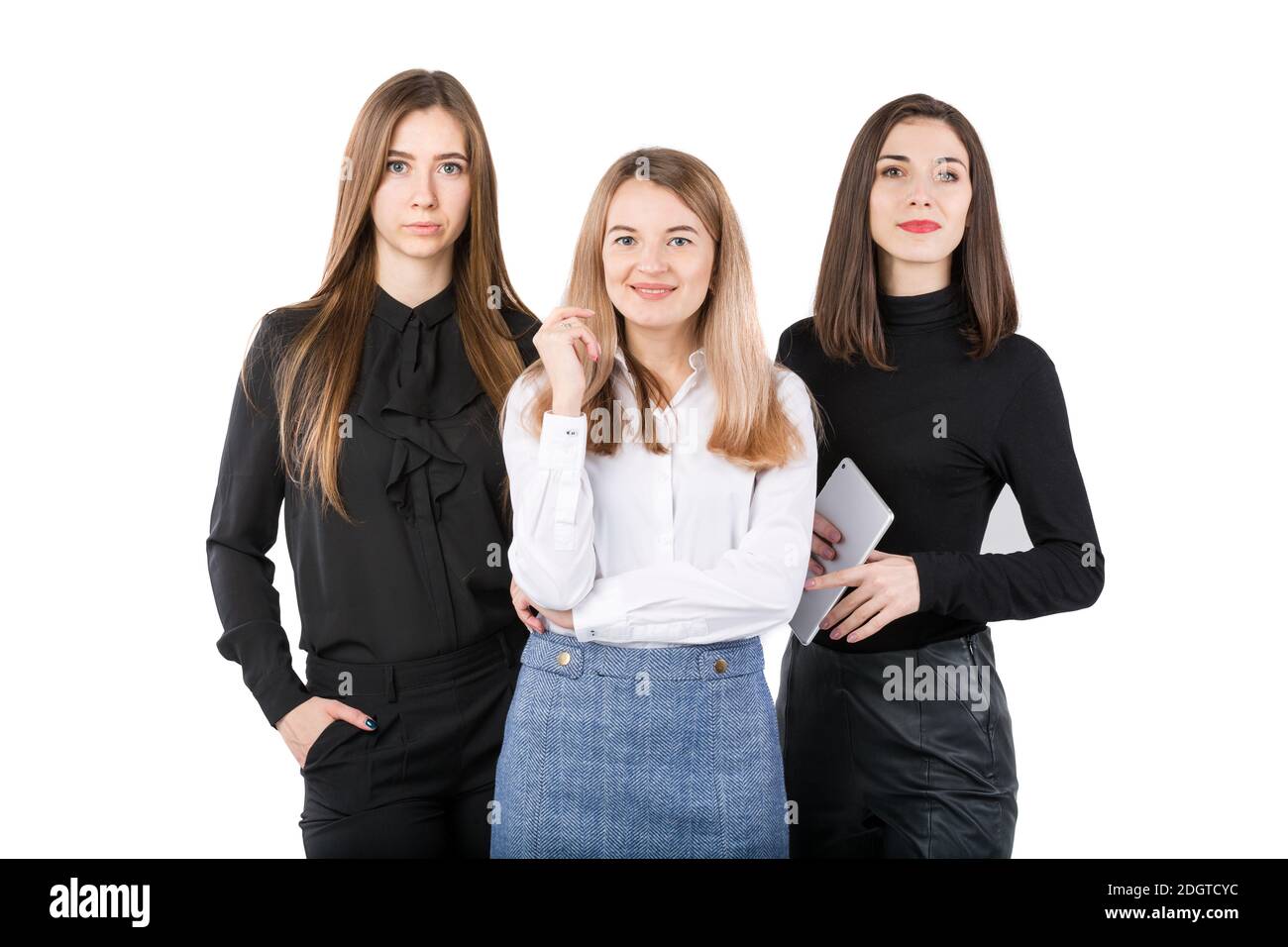 United Team of Business Women. Ritratto team di tre uomini d'affari sorridenti isolati su sfondo bianco. Donne d'affari standi Foto Stock