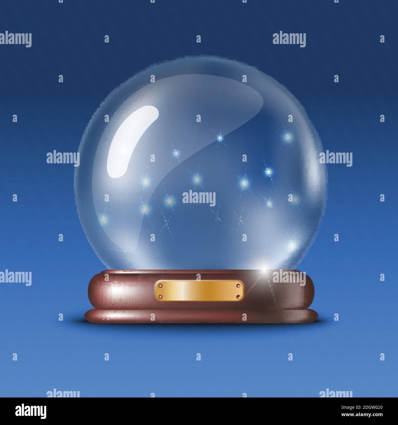realistico mock up globo di vetro magic snow stand su sfondo blu. Illustrazione Vettoriale