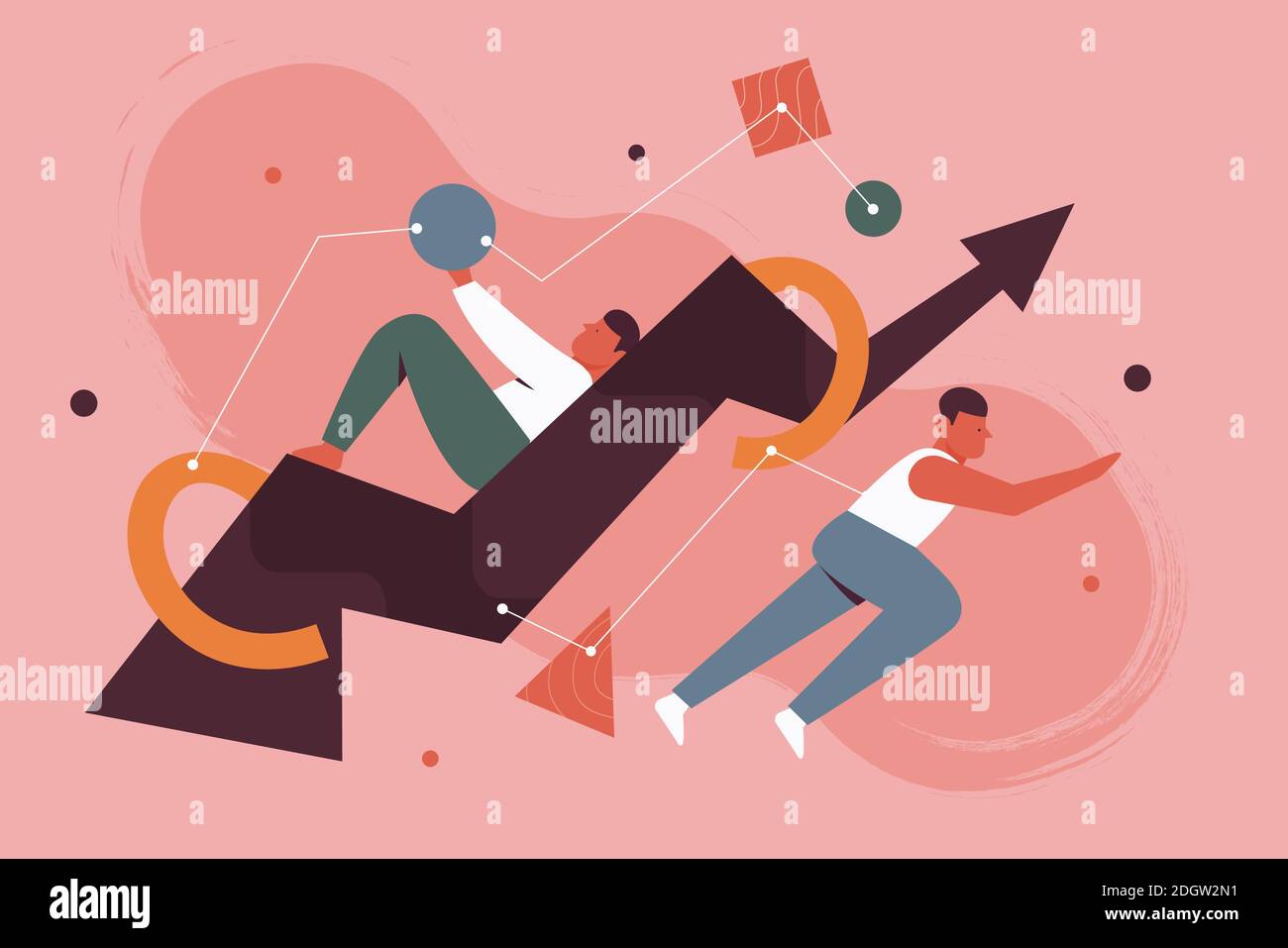 Illustrazione vettoriale del concetto di crescita del successo dell'investimento. Personaggi uomo cartoon che tengono figure geometriche in mano intorno a enorme freccia crescente, investendo con successo in nuovo background di strategia di idea trendy Illustrazione Vettoriale