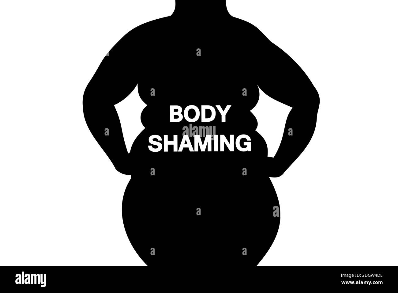 Corpo shaming - grasso e corpo di donna obese è etichettato con il corpo-shaming segno. Immagine del corpo negativa a causa del sovrappeso e della figura brutta. Assalto e att Foto Stock