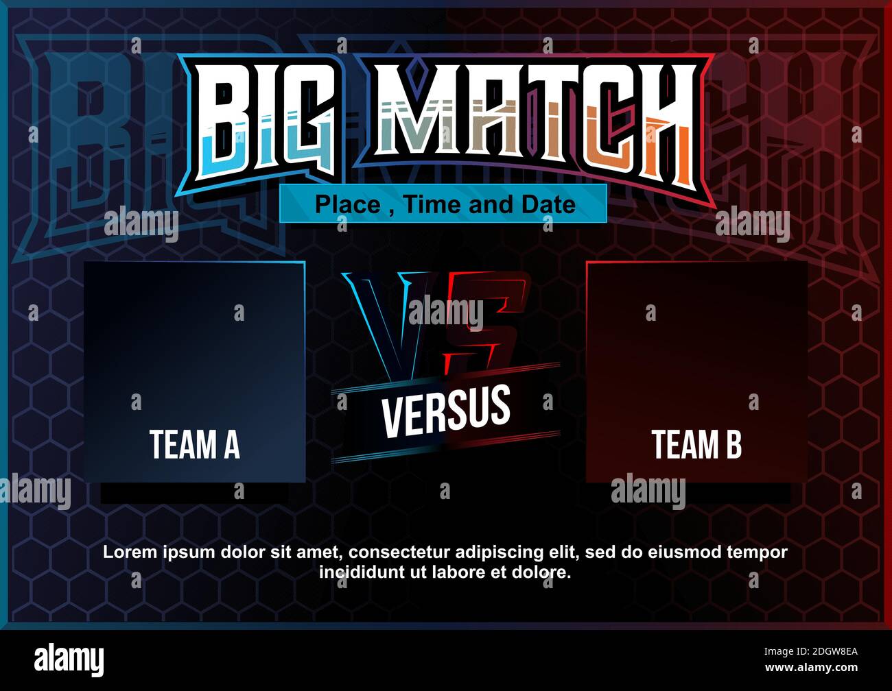 grande match moderno futuristico testa a testa squadra vs poster illustrazione su sfondo esagonale Illustrazione Vettoriale