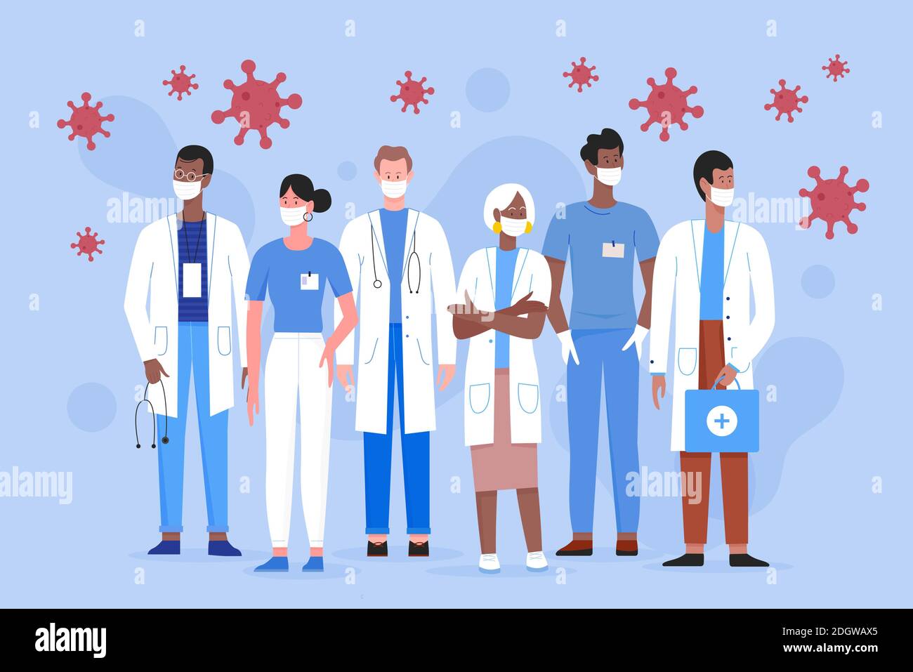 Medico gente squadra medica in maschere mediche illustrazione vettoriale. Cartoon sostegno personale medico con uomo donna personaggi, medico di prima linea operatori ospedalieri professionisti in piedi insieme sfondo Illustrazione Vettoriale