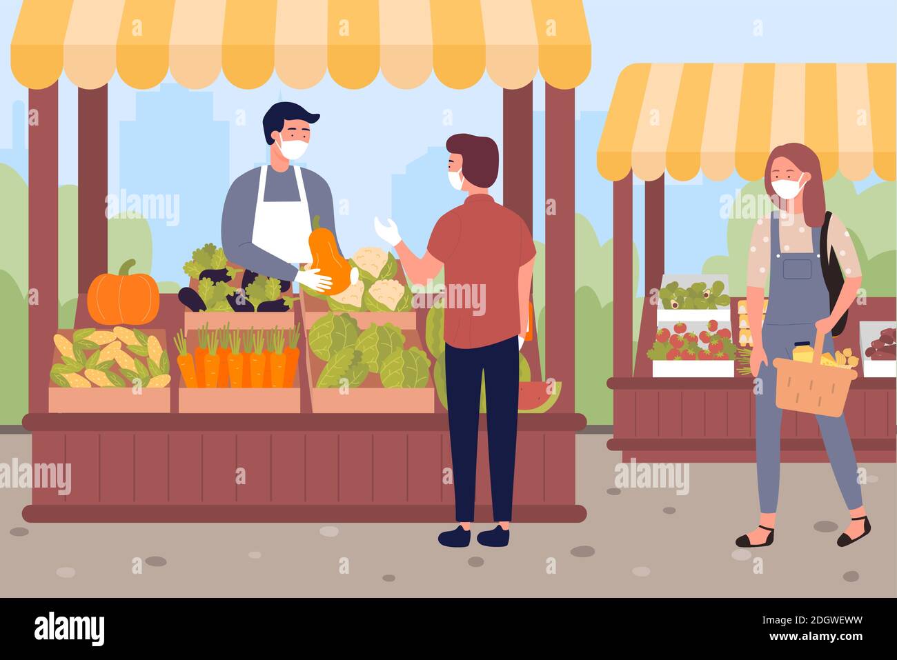 La gente compra le verdure e la frutta all'illustrazione del vettore del mercato agricolo. Cartoon produttore e personaggi acquirente indossare maschere facciali, negozio di alimentari sicuro con misure di protezione contro il coronavirus Illustrazione Vettoriale