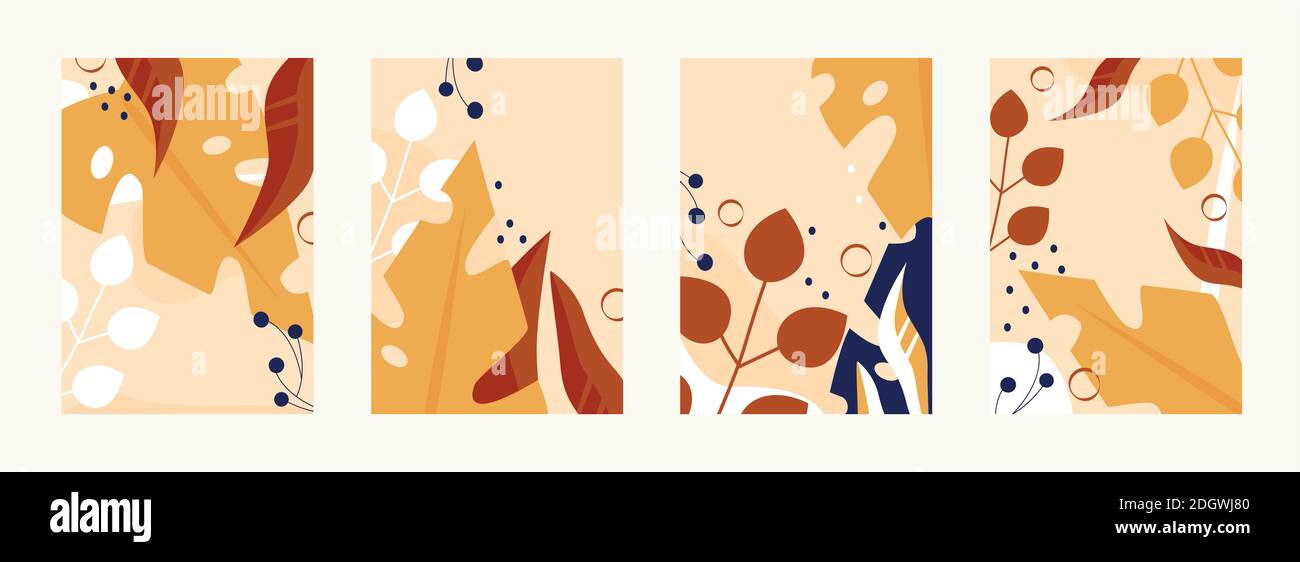 Modello delle foglie autunnali in colori caldi e chiari insieme di illustrazioni vettoriali. Disegno floreale astratto semplice con fogliame rosso arancio e puntini, stagione autunnale natura foglia texture fondo collezione Illustrazione Vettoriale