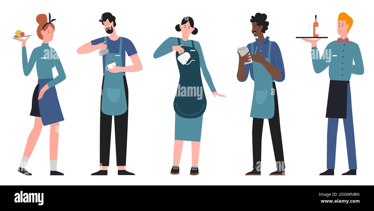 Set di illustrazioni vettoriali per cameriere e cameriere. Il team del ristorante Cartoon di carattere personale, la raccolta di servizi di catering, uomo donna in piedi, vassoio di contenimento con cibo ordine o bevande isolato su bianco Illustrazione Vettoriale