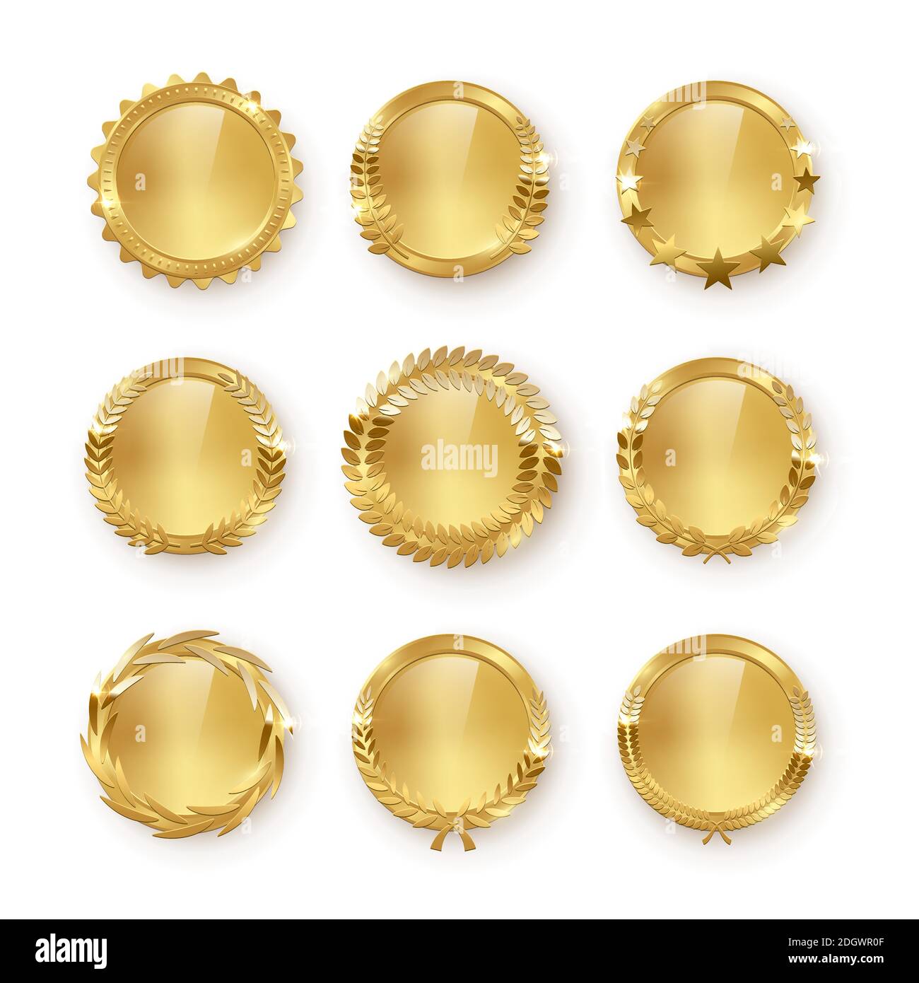Premia medaglia d'oro bianco 3D illustrazione realistica. Primo posto medaglie con foglie di alloro. Certificato. Bianco di qualità, badge vuoto, set di emblemi. Illustrazione Vettoriale